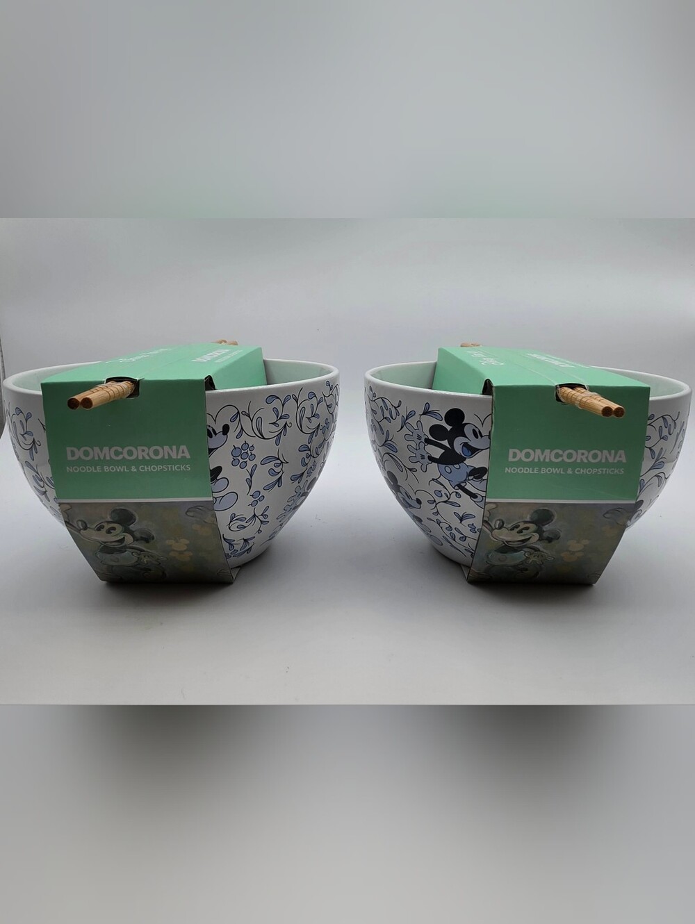 Disney Ceramic Mickey Mouse Blue Floral Noodle Bowl - Set of 2